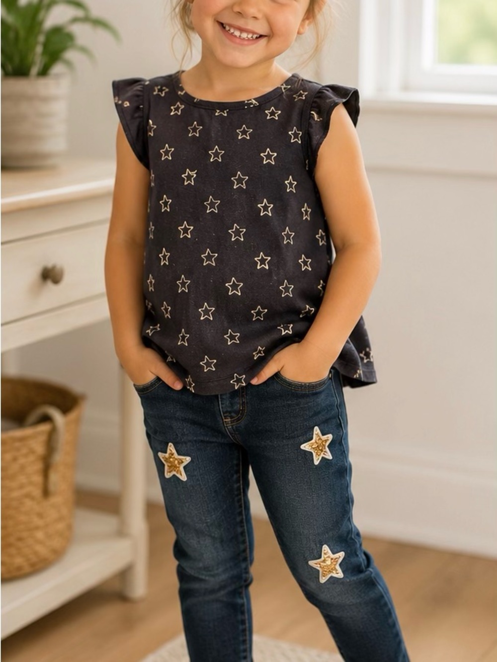 Wonderkids Black Star Print Tank Top and Jeans Set / 5T